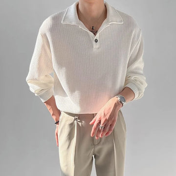 New Trendy Waffle Men Polo Shirt Leisure High Quality Solid Color Long Sleeve T-shirt Korean Fashion Autumn Loose Basic Shirts